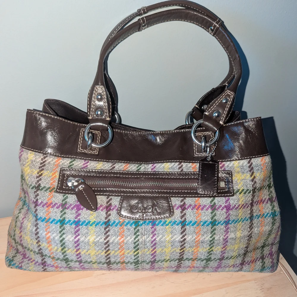 Coach Penelope Plaid Wool Tweed Tote Bag
